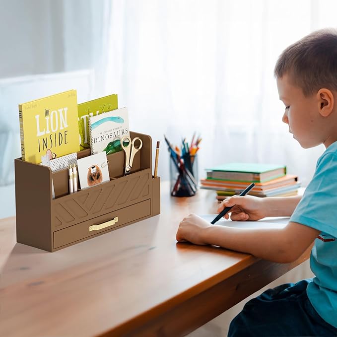 WISUCART Bamboo Desk Organizer Mail Holder Countertop Wood Desk Drawer Tabletop Storage Box Pen Holder Letter Sorter Makeup Organizer for School Home Office Supplies with Pen Holder Brown
