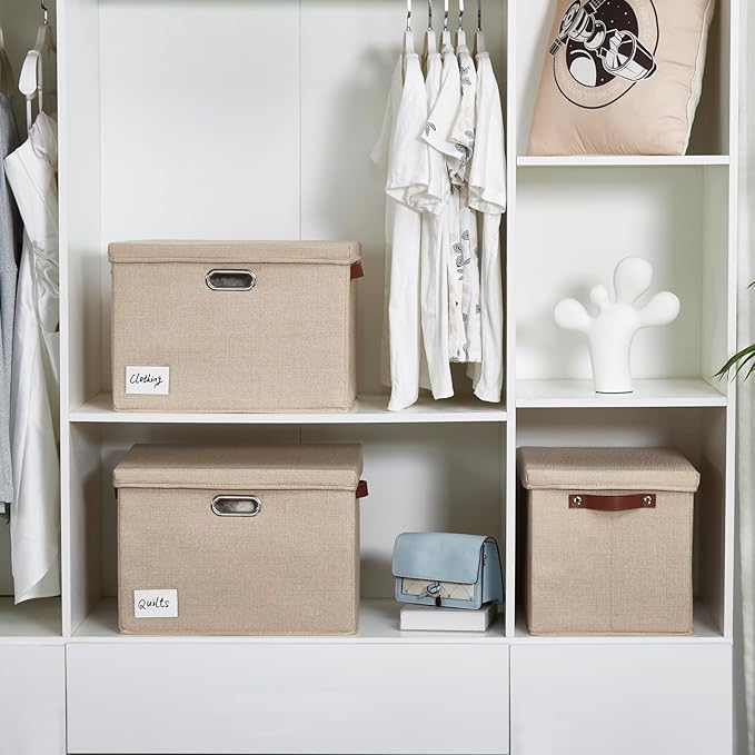Roobyl 17" Large Collapsible Storage Bins with Lids, Stackable Closet Organizers with PU Handle and Labels, 3-Pack Decorative Fabric Storage Boxes for Home, Bedroom, Closet, Office, Nursery(Khaki)