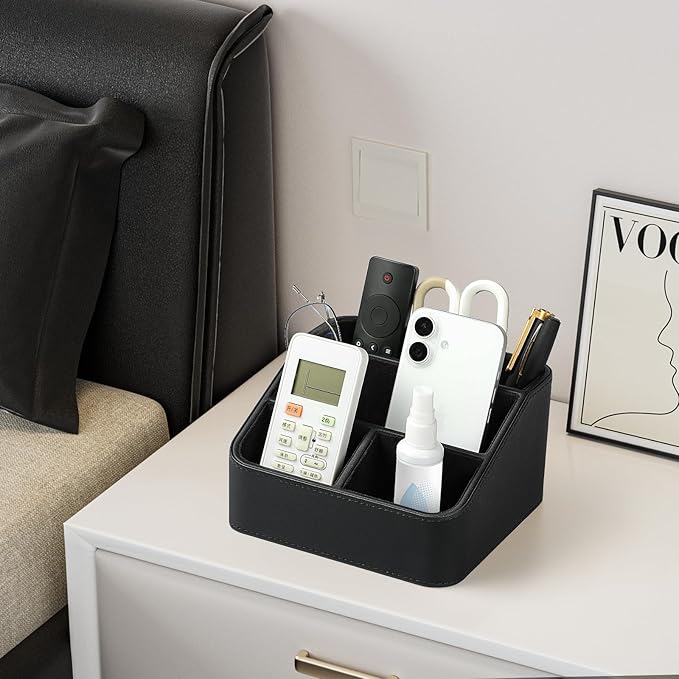 MEIBOOCH Remote Control Holder, PU Leather Small Desk Organizer with 4 Compartments, Nightstand Organizer Desk Caddy for Remote, Notepad, Phone, Glasses, and Accessories (Black)