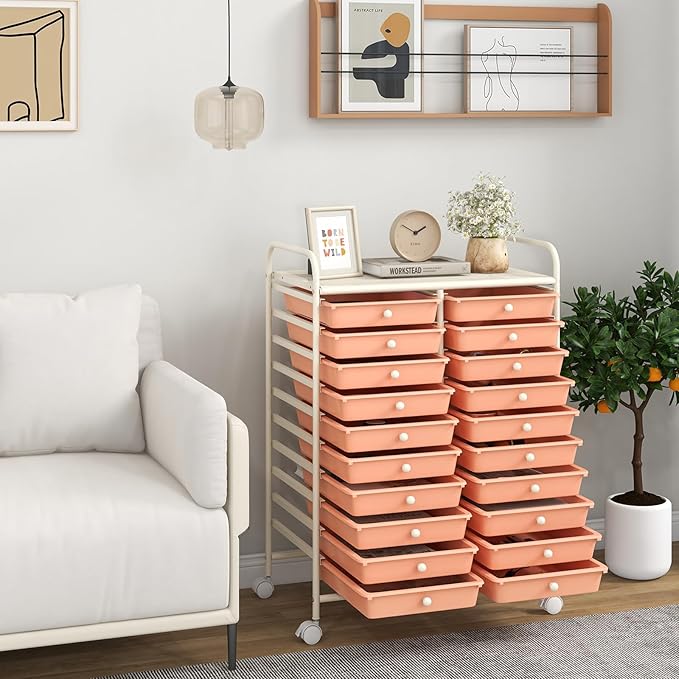 Happygrill 20-Drawer Organizer Cart Tools, Mobile Utility Storage Cart with Removable Drawers & Lockable Wheels, Rolling Storage Cart with wheels for Home Office School (Peach Fuzz)