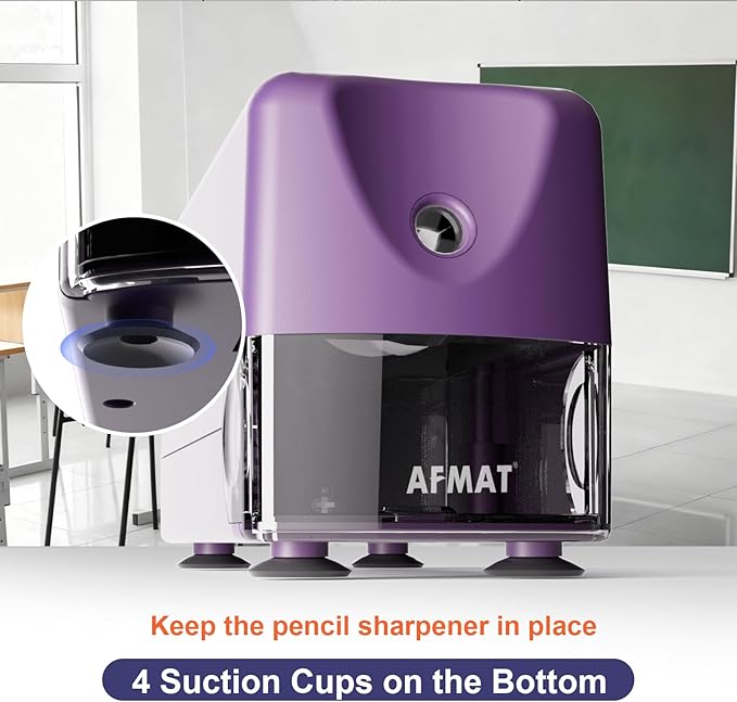AFMAT Electric Pencil Sharpener Heavy Duty, Cordless & Rechargeable, Classroom Pencil Sharpener for 6-11mm No.2/Colored Pencils, Auto Stop, Fast Sharpen, Save Pencil, 10,000 Sharpenings, Purple, PSD3