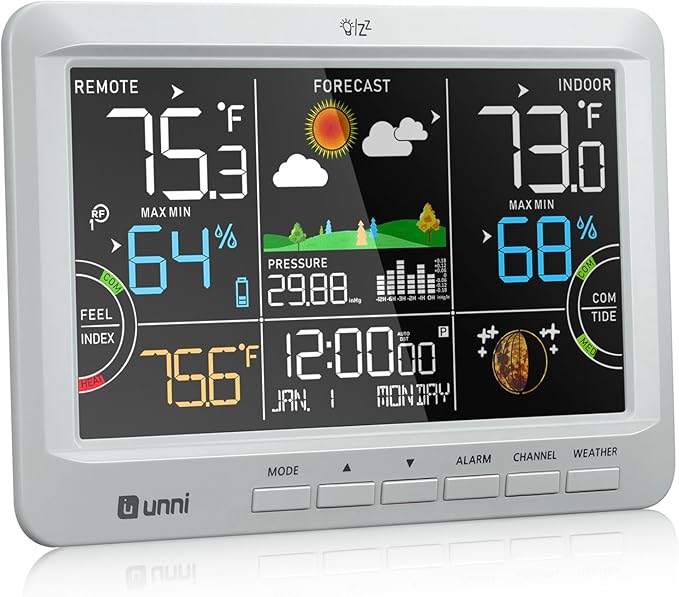 Weather Station Indoor Outdoor Thermometer Wireless, Home Atomic Clock with Large Constant Display, Inside Outside Temperature Humidity Monitor, Dew Heat Point, Barometer Grey