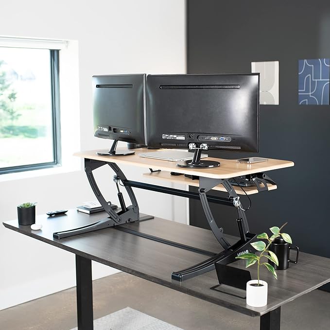 VIVO 42 inch Height Adjustable Stand Up Desk Converter, V Series, Quick Sit to Stand Tabletop Dual Monitor Riser Workstation, Light Wood Top, Black Frame, DESK-V000VLO