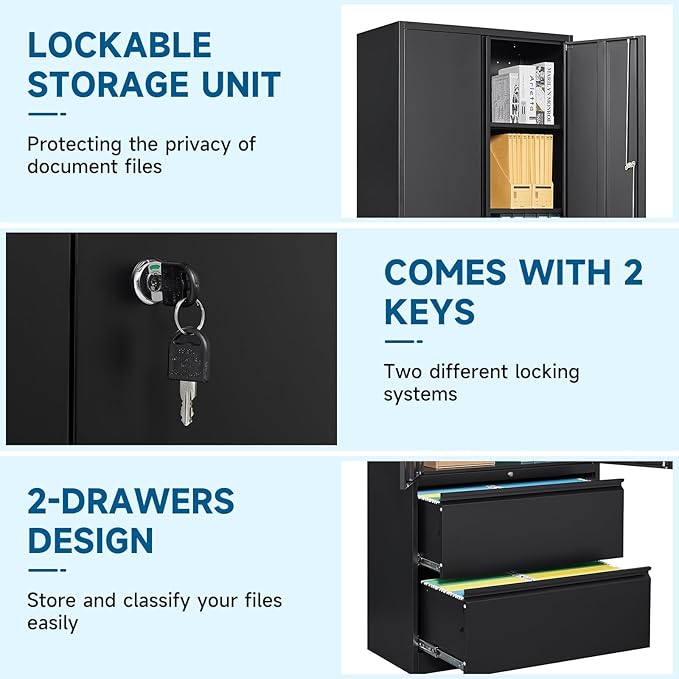 PEUKC 2-Drawer Metal File Cabinet, Lateral Vertical Filing Cabinets for Home Office, Locking File Cabinet with Storage Shelves, Legal/Letter/A4 Size Office File Cabinets (Black, Assemble Required)