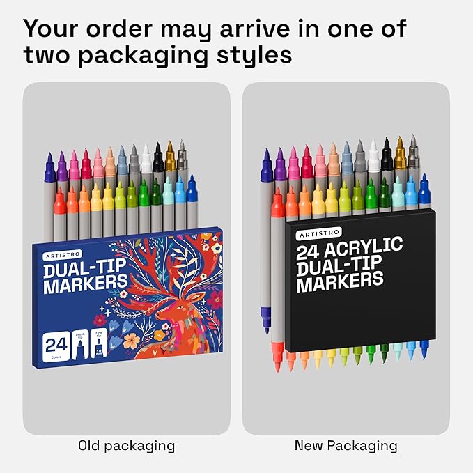 ARTISTRO 24 Acrylic Paint Markers - Paint Pens Dual Tip Brush + Fine Ideal for Calligraphy - Perfect for Fabric, Rock, Glass, Wood, DIY - Art Supplies, Stocking Stuffers, Christmas Gift Idea