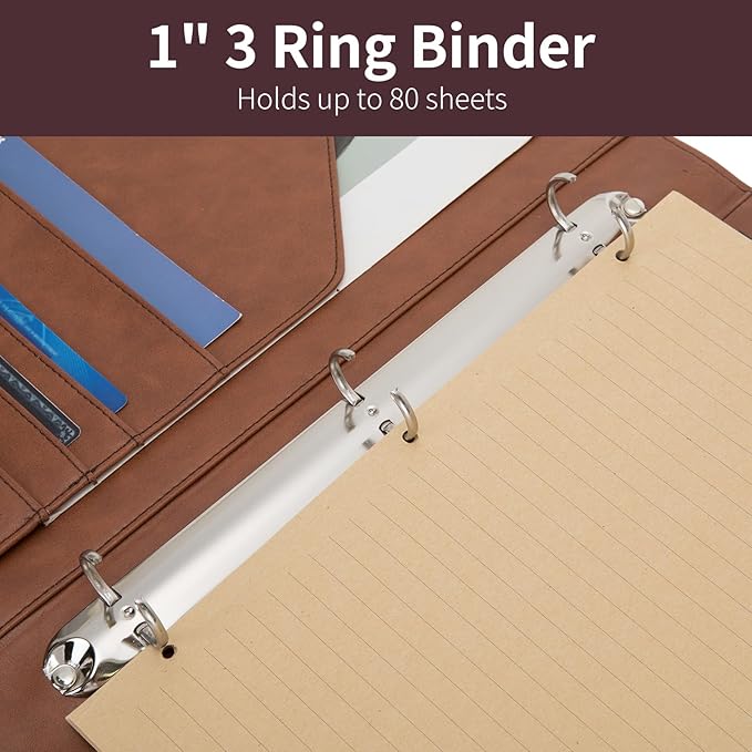 Geslun Personalized Vegan Leather 3 Ring Binder, Custom 8.5 x 11 Letter Size Folio with Pen Holder, Soft Notebook Portfolio Cover, Notepad Padfolio Organizer for Meeting, Brown