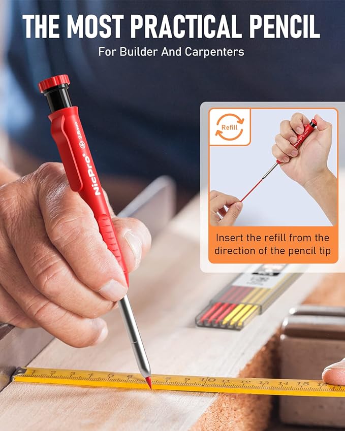 Nicpro 4 Pack Carpenter Pencils with Sharpener, Construction Mechanical Pencil Set with 52 Refills, Heavy Duty Working Tools, Long Nib Marker Pens for Architect Marking (Red, Black, Yellow, Green)