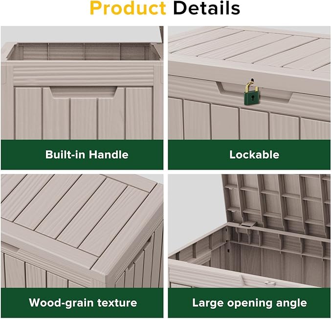 Yardgrace 45 Gallon Patio Storage Box - Waterproof Deck Box for Outdoor Toys, Space-Saving Resin Chest with Lock for Cushions & Pool Gear, UV-Resistant, Ash Grey
