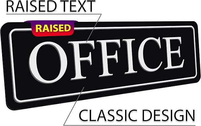 The Office sign for door or wall — Main office signs — quick easy installation — self adhesive for doors or walls — 9 X 3 in office signage for home and Business sign — White Big letters on black plate (Raised/ Black White)