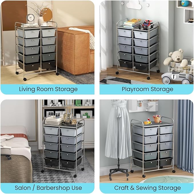 LDAILY 10 Drawer Rolling Cart, Storage Cart Organizer on Wheels, Drawer Cart with Metal Frame & Large Storage Capacity, Rolling Cart with Drawers for Living Room Classroom, Office