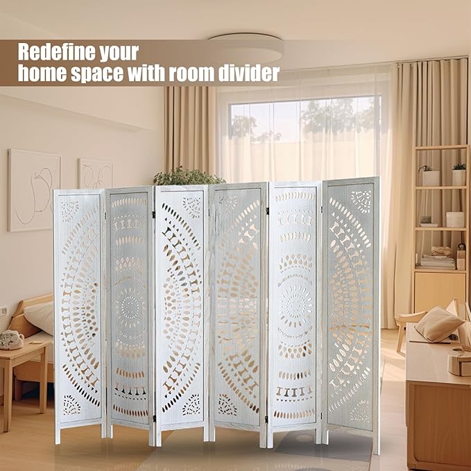 ALeesing 6 Panel Wood Room Divider Fully Assembled, Decorative Room Dividers and Folding Screens, 5.6Ft Room Divider Screen Freestanding Partition Wall Dividers for Home Bedroom Office, White