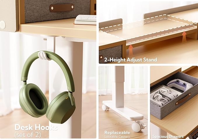 Claiks Standing Desk with Drawers, Stand Up Electric Standing Desk Adjustable Height, Sit Stand Desk with Storage Shelf and Splice Board, 55 Inch, Natural