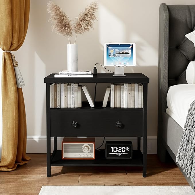 Edbuosy 27 Inch Wide Night Stand with Charging Station, Wood Nightstand with Open Shelf, Large Drawer Bedside Table for Living Room/Bedroom/Office (Black)