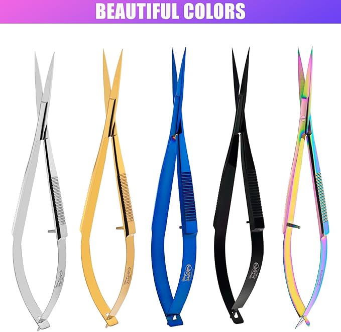 Cross Edge Spring Scissors 5 Inch straight Stainless-Steel Precision Eyebrow & Eyelash Shaping Trimming Scissor, Squeeze, Embroidery, Knitting Micro Tip Craft Scissors (Rainbow Glitter White)