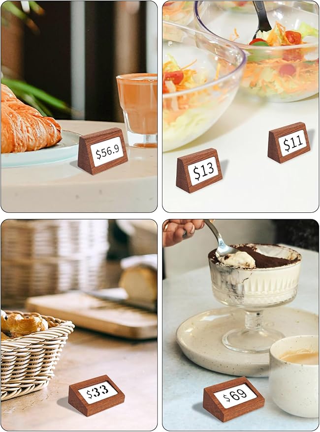 6 Pack Mini Wood Price Tag Label Holder Tabletop Stand or Recline Small Sign Holder for Retail Store Boutique Name Card Restaurant Food Labeling (1.57X0.79 in)