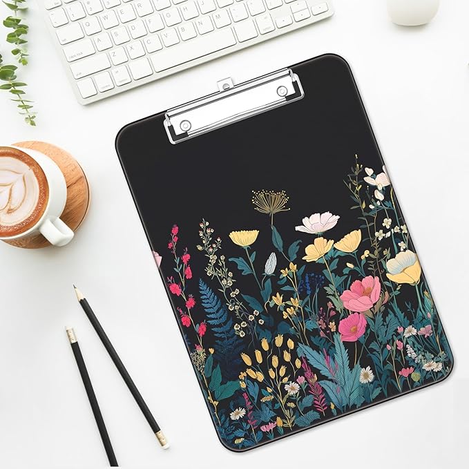 Luminzo Plastic Cute Clipboard Low-Profile Metal Clip, A4 Letter Size 9 x 12.5 in, 8.5 x 11 Paper Clip Board for Teachers, Nurses, Classroom,Wild Flower