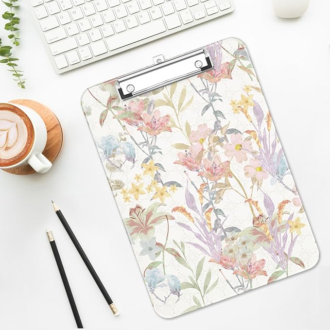 Luminzo Plastic Cute Clipboard Low-Profile Metal Clip, A4 Letter Size 9 x 12.5 in, 8.5 x 11 Paper Clip Board for Teachers, Nurses, Classroom,Botanical Print