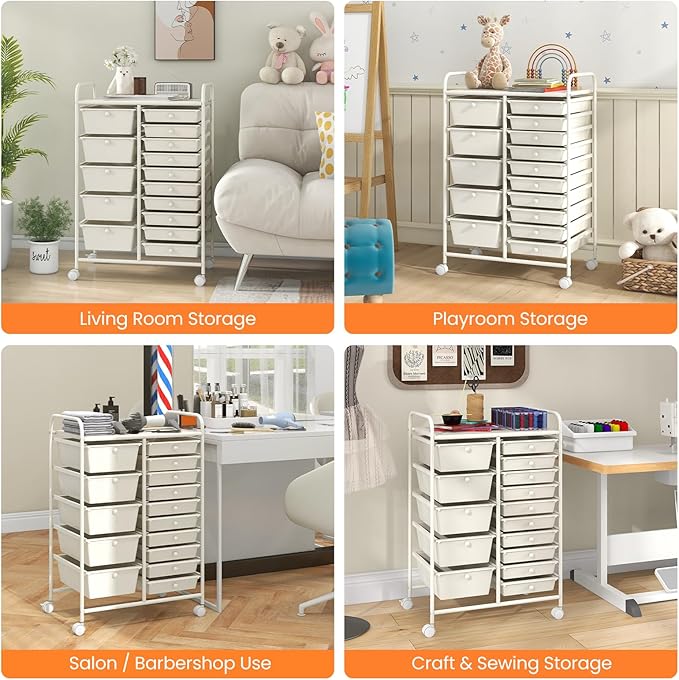 LDAILY 15 Drawer Rolling Storage Cart, Rolling Cart with Drawers for Classroom, Art Supply Craft Organizer on Wheel with Metal Frame & Handles for Home Office School
