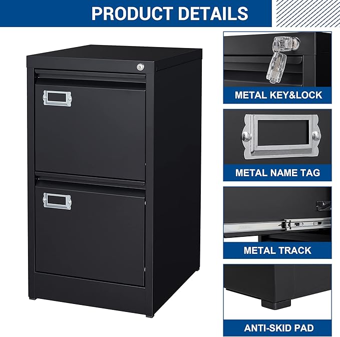 Fesbos 2 Drawers Vertical File Cabinets - 17.8" Deep Lockable Filing Cabinet - Black Metal Storage Cabinets for Home Office to Hanging Files Letter/Legal/F4/A4 Size