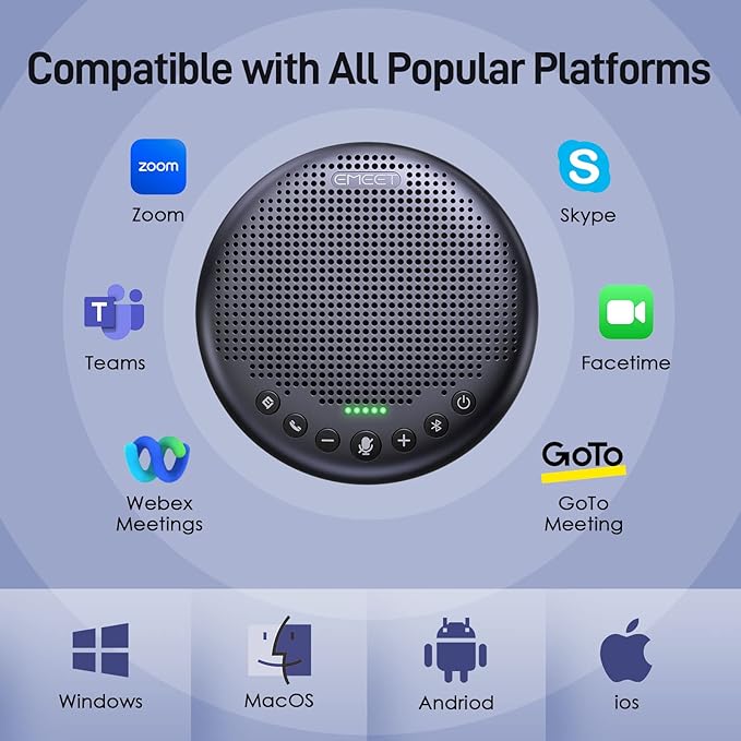 EMEET Conference Speaker and Microphone w/8+1 Mics, 360° Voice Pickup, Noise Reduce, Bluetooth/USB/Dongle Speakerphone for 14 People w/Daisy Chain for 25, Compatible w/Leading Platforms, 2025 Version