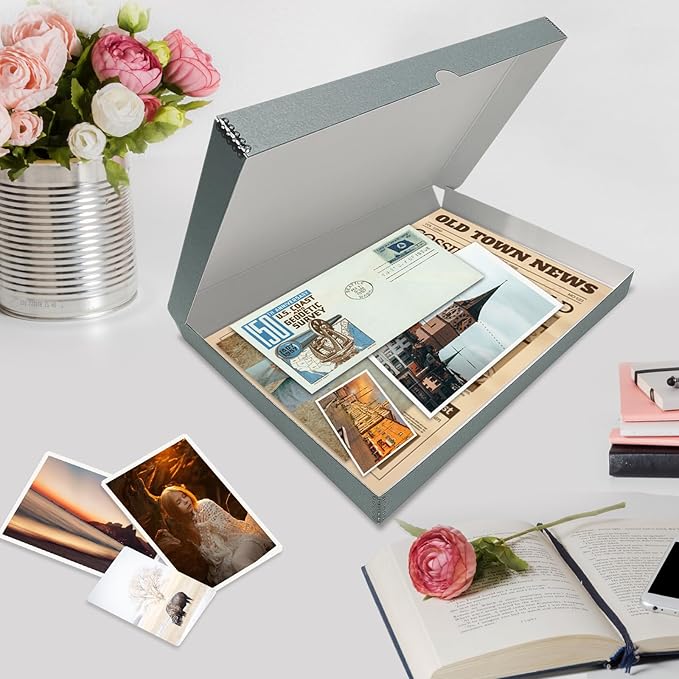 Lineco Folio Storage Box, Clamshell Design with Metal Edge. 13.5x19.5x1.75 Inches, Archival Boxboard, Preserve Photos, Cards, Magazines, Documents, Art, Ephemera, Family Records, Gray, Pack of 1