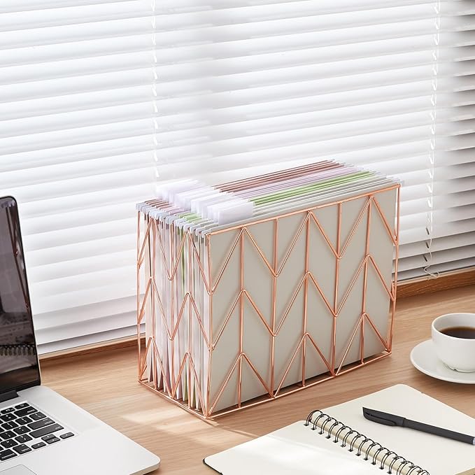 Fei Bi Hanging rose gold file organizer with 12 letter sized hanging folders, file basket, file box, storage box, office and school supplies
