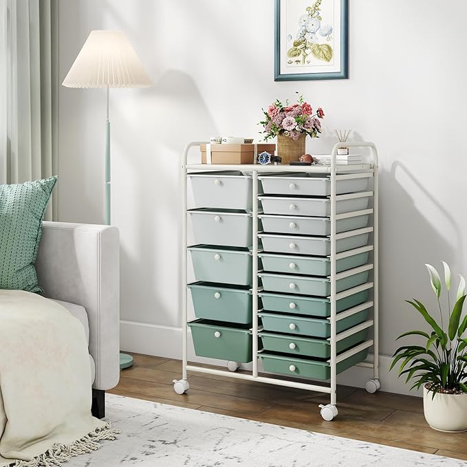 DORTALA 15-Drawer Rolling Storage Cart with Drawers, Rolling Utility Cart w/Removable Drawers & Universal Wheels, Tools Scrapbook Paper Organizer for School, Office, Home, Classroom (Gradient Green)