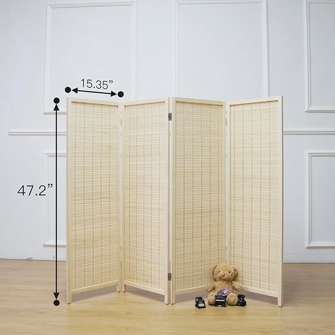 Furnnylane 4 Panel Short Room Divider Screen,Beige Freestanding Partition,Small Bamboo Panel Divider for Room Seperation,3.95 FT Tall