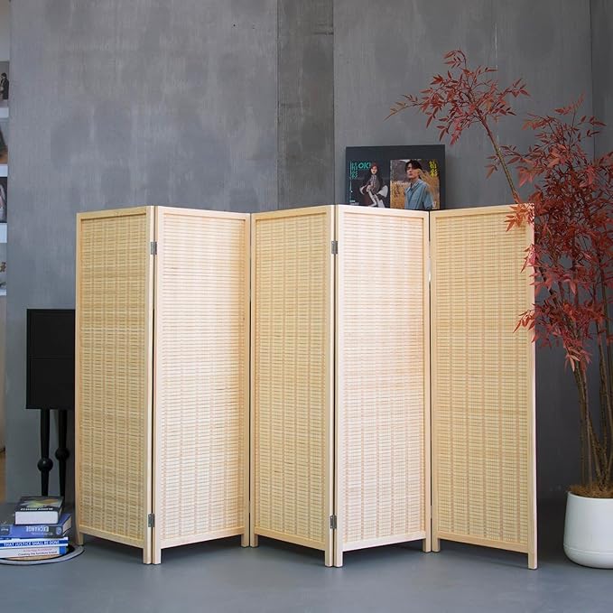 Furnnylane 5 Panel Short Room Divider Screen,Beige Freestanding Partition,Small Bamboo Panel Divider for Room Seperation,3.95 FT Tall