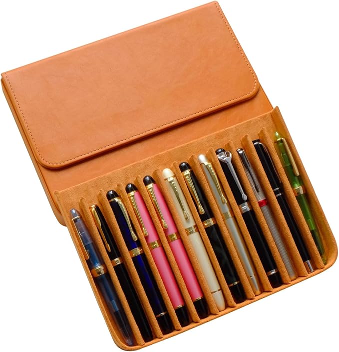 MIVLXLX Leather 12 Fountain Pen/Pencil Tray Case Organizer, Fashion Design, Handmade, Magnetic Closure with Drawer, Christmas Gift for Man/Woman/Office, 12 Slots(brown)