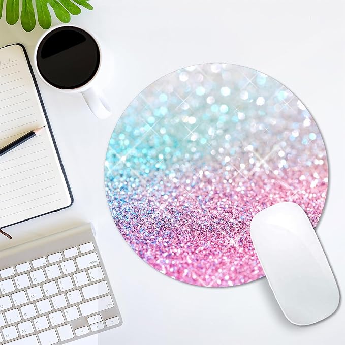 IMAYONDIA Kids Girls Mouse Pad for Laptop, Small Pink Blue Gradient Sparkle Mouse Pads Cute, Round Glitter Mousepads, Mini Travel Mousepad for Wireless Computer, Office Desk Accessories, 7.9 X 7.9 in