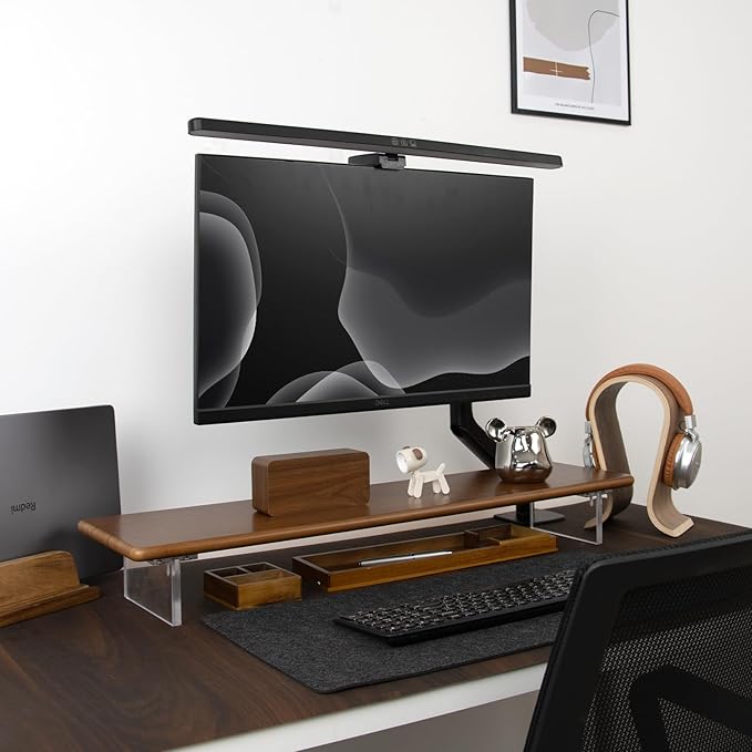 ROCDEER Bamboo Monitor Stand Riser with Acrylic Legs for Desk, 31.5 Inches Desktop Shelf Supports for PC Computer Monitor, Laptops, Printer, Speakers (Brown)