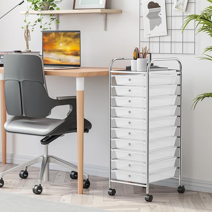 GLACER 10 Drawers Rolling Cart, Storage Cart with w/Removable Drawers & Steel Frame, Utility Mobile Trolley w/Universal Casters & 2 Brakes, Organizer Cart for Home, School, Office (Clear)