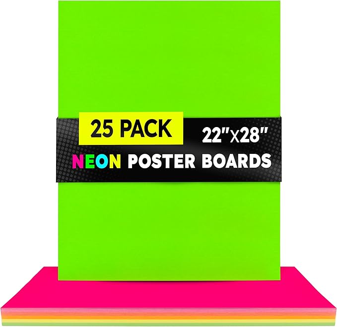 Hygloss Large Poster Board 22x28 - 25 Assorted Neon Color Poster Boards Bulk Pack - 10 Pt. Thickness Colored Poster Board Paper for Projects, Signs, Displays, Crafts - Posterboard Multipack 22" x 28"