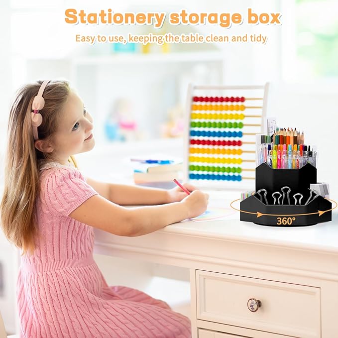 Pencil Pen Holder for Desk,9 Slots 360 Degree Rotating Desk Organizers,Desktop Storage Stationery Supplies Organizer, Cute Pencil Cup Pot For Office, School, Home(Black)