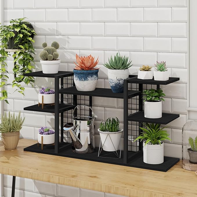 ELITEROO Desktop Bookshelf, 4 Tier Wood Desk Organizer Shelf, Tabletop Storage Shelf Rack for Office Supplies, Desk Decorations for Women Office, Rustic Black