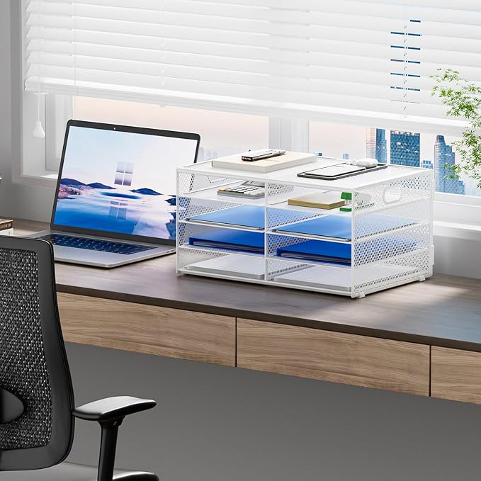 Lavatino 8 Compartments Paper Organizer for Desk, Mesh Literature Organizer, Mail File Sorter Tray with Handle, Desktop Mailbox for Office Classroom Home, White