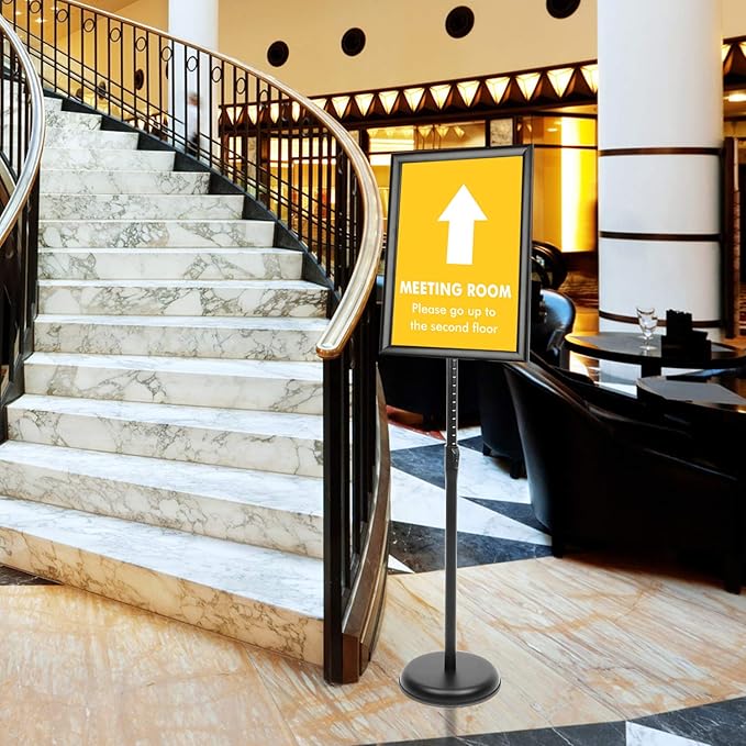 DISPLAYSWORKER Adjustable Poster Sign Stand 11 x 17,Floor-Standing Sign Holder with Heavy Duty Pedestal,Aluminum Snap-Open Frame , Vertical and Horizontal View Sign Displayed, Black (11 x 17)