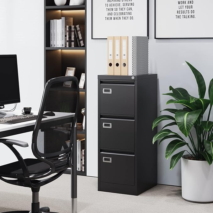 BYNSOE 3 Drawer File Cabinet with Lock Metal Vertical File Cabinet Office Home Narrow File Cabinet for A4 Legal/Letter Size,Assembly Required (Black, 3 Drawers-Vertical)