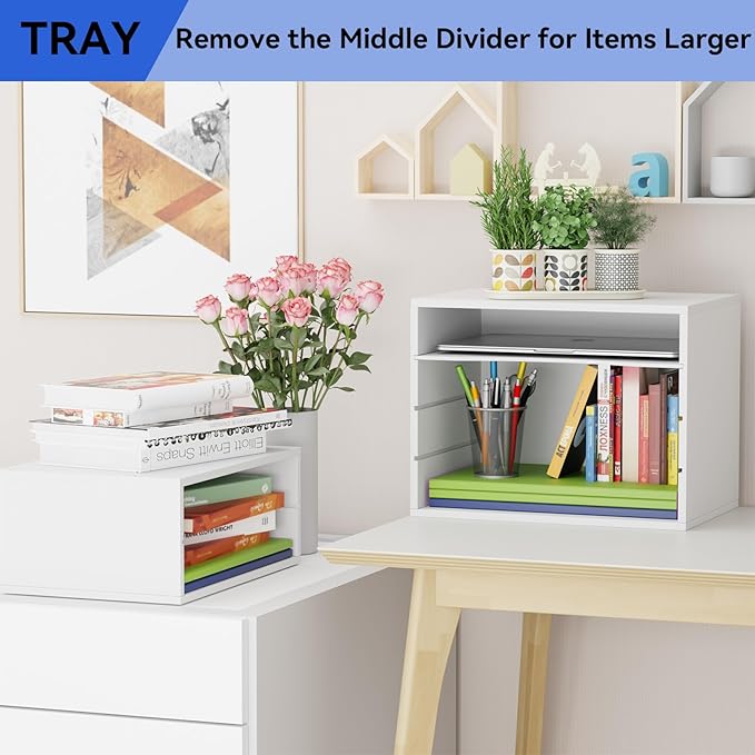 GDINDINFAN Wood Desktop Letter Tray File Organizer, Paper Storage Mail Sorter with Adjustable Drawer Boards for Home and Office, White