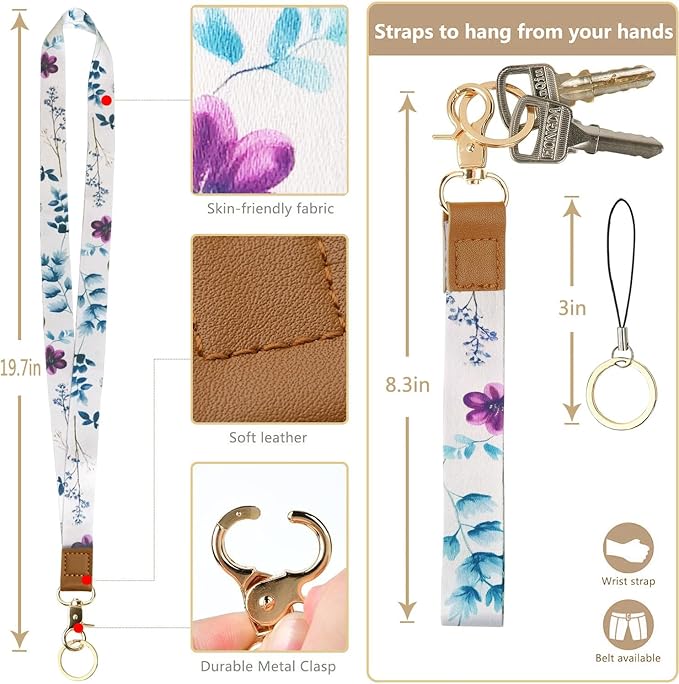 bolimoss 2-in-1 ID Badge Holder & Lanyard Wallet for Womens Cute Floral Zipper Wallet with Removable Wrist & Neck Lanyard, Clear Window, 5 Card Slots, Ring Keychain for Worker Teacher Nurse Couriers