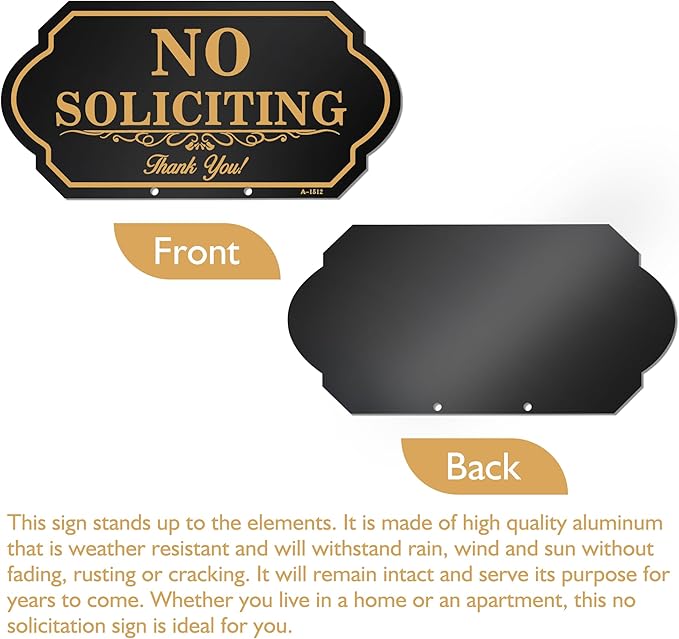 No Soliciting Sign for House with Stake - 50-mil Thick Aluminum - 5x10 Inch/37 Inch High - Adjustable Height - Outdoor Yard Sign for Home and Front Door (A1512)