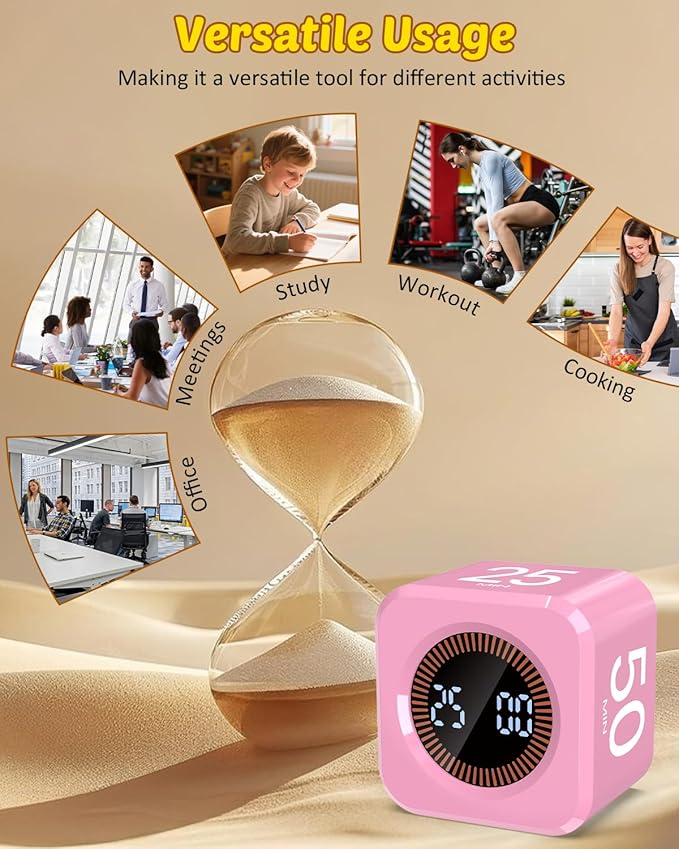 Digital Pomodoro Timer Cube 5/10/25/50min, Visual Productivity Flip Timer for Kids Classroom Desk, Custom Countdown, Silent and Sound Mode for ADHD Study Work Game Kitchen (Pink)