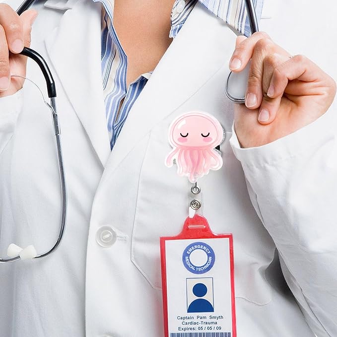 2Pcs Funny Jellyfish Badge Reel Retractable for Nurse, Doctor, Medical Worker Nursing Student | Cute Pediatric Nurse ID Name Badge Holder with 24” Durable Nylon Retractable Cord Alligator Clip