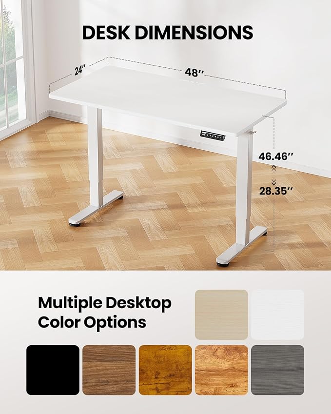 ErGear Height Adjustable Electric Standing Desk, 48 x 24 Inches Sit Stand up Desk, Memory Computer Home Office Desk with Two-Piece Desktop (White)