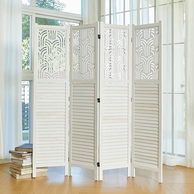 Svimi Folding Room Divider, 66.9 Inch 4 Panels Wood Carved Privacy Screens, Free Assembled Freestanding Portable Separation Wall for Home Office Restaurant Bedroom (White)