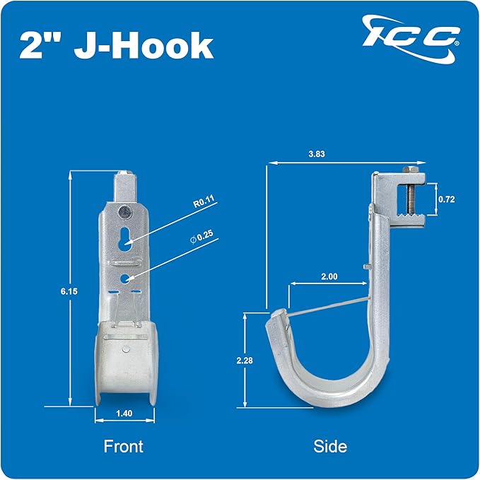 ICC Beam Clamp J Hook 2” with Retainer Clip - Galvanized Steel Cable Management Hooks for Hanging Cable to Beams - Rust-Resistant, EIA and TIA Compliant - 2 Inch 25 Pack