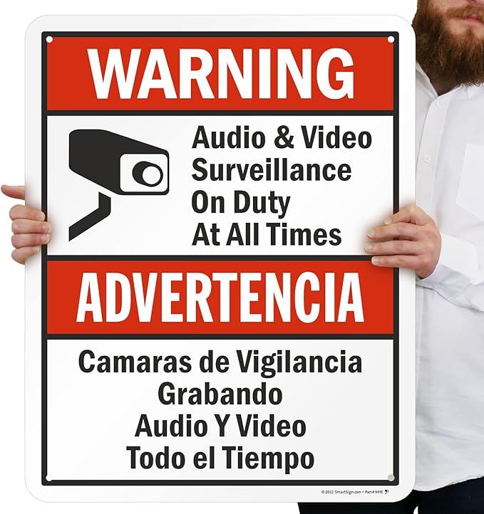 SmartSign 30 x 24 inch “Warning - Audio & Video Surveillance On Duty At All Times” Bilingual Sign, 80 mil Laminated Rustproof Aluminum, Red, Black and White, Made in USA