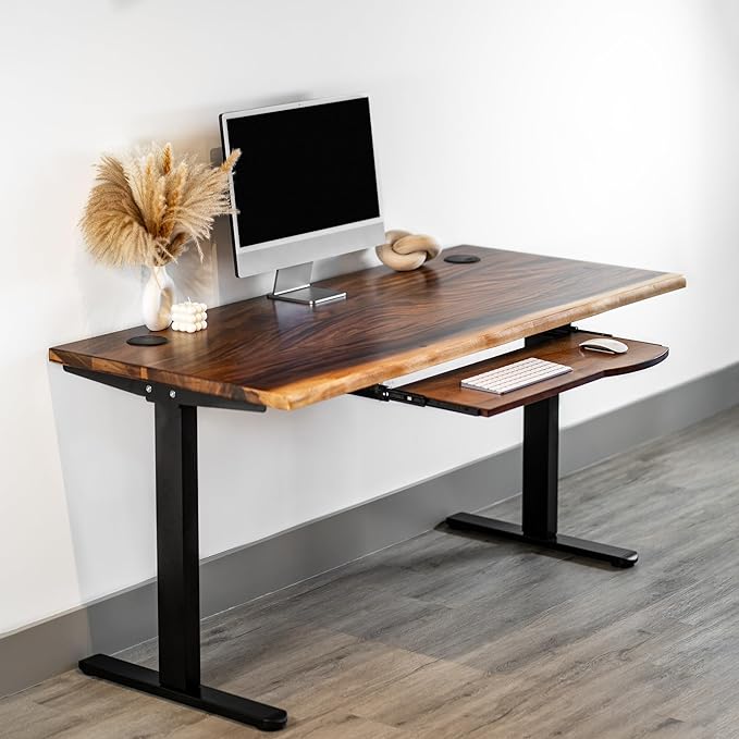 Standing Desk with Keyboard Tray – Walnut Solid Wood Desk, Natural Live Edge, Adjustable Height Dual Motor, Sit Stand for Home Office (Black, W48 x D27)