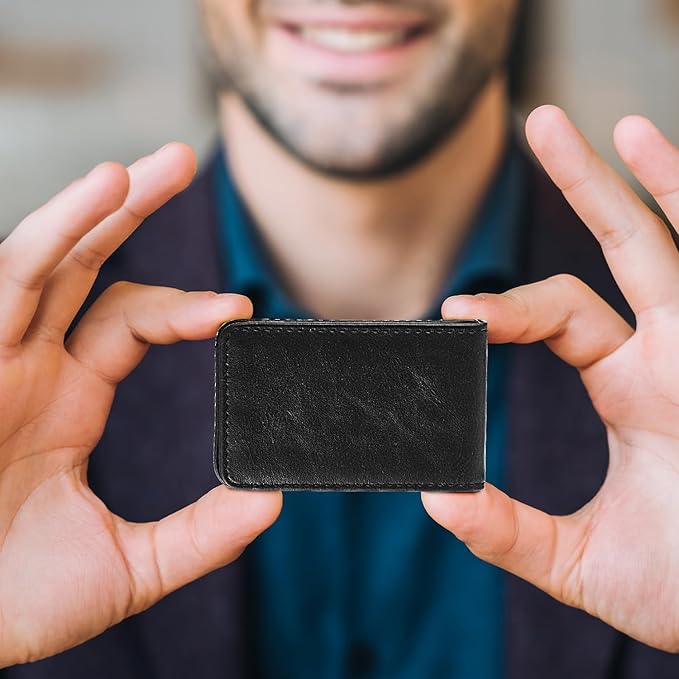Outus 2 Pieces Business Card Holder, PU Leather Business Card Case Pocket Wallet with Magnetic Shut for Valentines Gift Men Women(Black and Light Coffee,Classic)